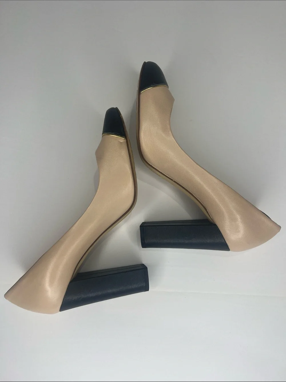 Leather Two-Tone Block Heel Pumps - Nude & Black